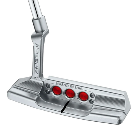 The Scotty Cameron 2025 Studio Style Newport 2 Putter features a precision-milled silver blade head with “CAMERON” on the neck, “MILLED IN USA” on the back, three red circular weights, and a black top alignment line.