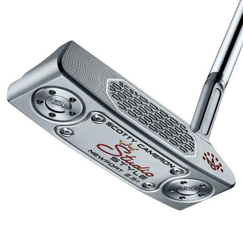 A close-up of the Scotty Cameron 2025 Studio Style Newport 2.5 Plus Putter features its silver head, engraved Scotty Cameron logo, red and gold script, textured face, and precision sole weights.