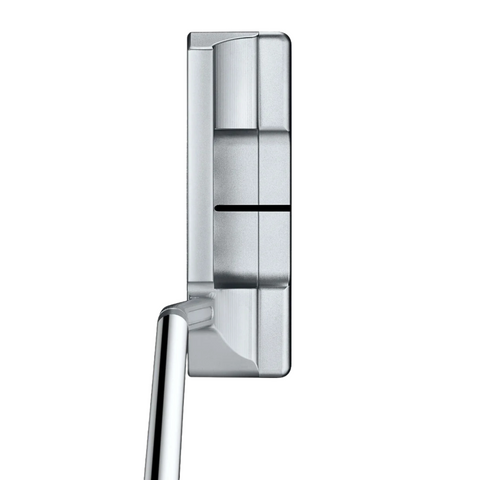 Top view of the Scotty Cameron 2025 Studio Style Newport 2.5 Plus Putter, featuring a black alignment line, metallic finish, angled chrome shaft, and exceptional precision-milled craftsmanship for superior accuracy.