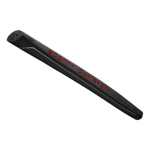 A black grip with bold red SCOTTY CAMERON lettering and textured details, designed to fit the Scotty Cameron 2025 Studio Style Newport 2.5 Plus Putter—ideal for enhancing both style and precision.