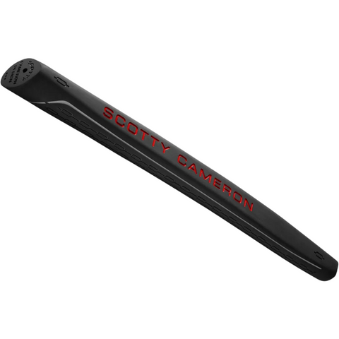 A black Scotty Cameron grip with red branding and side textures, crafted to match the precision-milled 2025 Studio Style Newport Plus Putter.