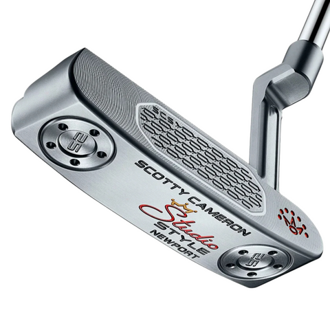Close-up of the Scotty Cameron 2025 Studio Style Newport Putter head, highlighting its classic blade shape, engraved branding, red and gold accents, and precision-milled stainless steel face with detailed textures.