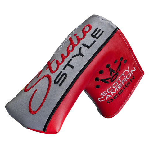 A red and gray putter headcover with Studio Style and Scotty Cameron Design in black and white, plus side embroidery—perfect for your Scotty Cameron 2025 Studio Style Newport Putter’s classic blade shape.