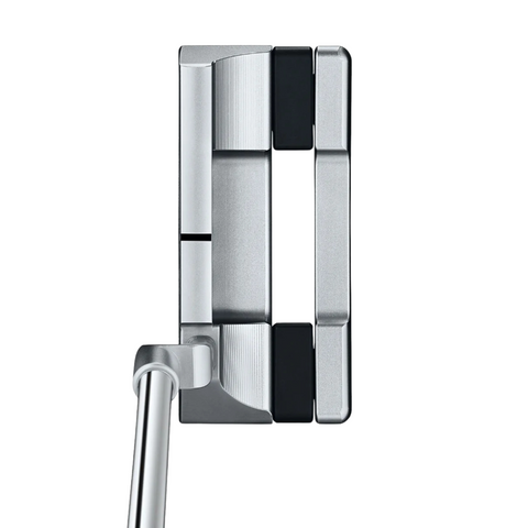 Top view of the Scotty Cameron 2025 Studio Style Squareback 2 Long Design Putter, a modern silver putter with black alignment markings, matte finish, balanced weighting, and a slightly curved metallic shaft from the left side.