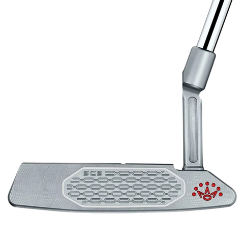 The Scotty Cameron 2025 Studio Style Squareback 2 Long Design Putter features a patterned face, angled neck, and red crown logo near the heel, offering a modern design and balanced weighting for optimal performance.