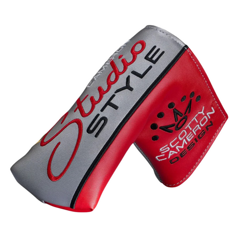 Protect your Scotty Cameron 2025 Studio Style Squareback 2 Long Design Putter with this red and gray headcover, featuring Studio Style and Scotty Cameron Design embroidered in black and red. Ideal for any performance-balanced weighting tour putter.