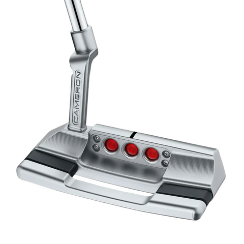 A close-up of the Scotty Cameron 2025 Studio Style Squareback 2 Long Design Putter head, featuring three red dots, CAMERON engraved on the neck, precision-milled details, black accents, and balanced weighting.