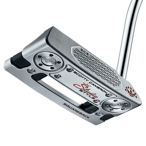 A close-up of the Scotty Cameron 2025 Studio Style Squareback Putter shows engraved details, screws, a precision-milled face, and Scotty Cameron, Style, and Squareback on the head.