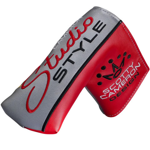 Protect your Scotty Cameron 2025 Studio Style Squareback Putter with this red and gray headcover featuring bold “Studio Style” script, “Scotty Cameron Design,” and a crown logo on the side.