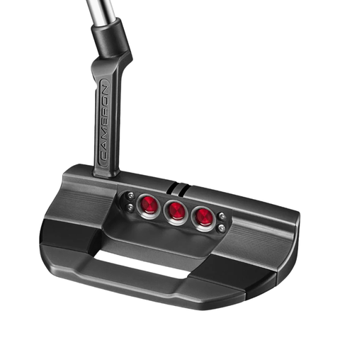 A close-up of the Scotty Cameron 2025 Studio Xperimental Fastback 2 Putter | Limited Edition reveals its sleek black and metallic finish, a CAMERON logo on the neck, and three red circles for a tour-inspired look.