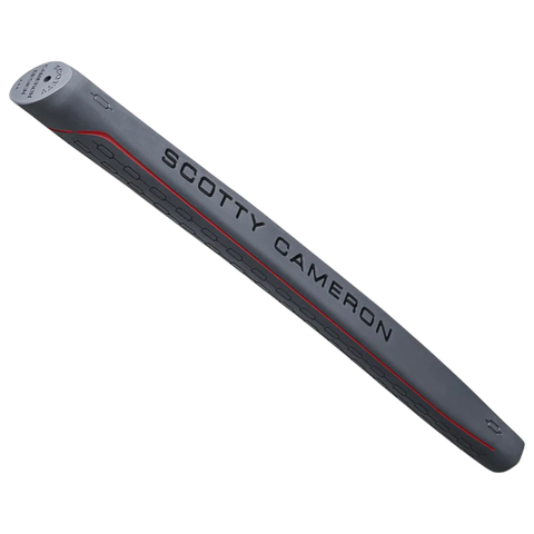 The Scotty Cameron 2025 Studio Xperimental Fastback 2 Putter | Limited Edition features a gray grip with bold black “Scotty Cameron” branding and red accents, giving your club a tour-inspired look.