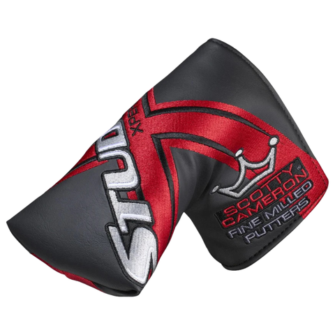 Protect your Scotty Cameron 2025 Studio Xperimental Fastback 2 Putter with this black and red leather headcover, featuring embroidered "Scotty Cameron Fine Milled Putters and Studio" text plus a crown logo—a perfect limited edition accessory.