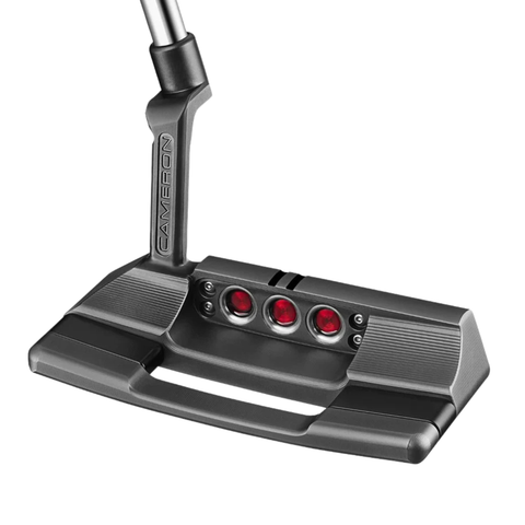 A close-up of the Scotty Cameron 2025 Studio Xperimental Squareback 2 Putter | Limited Edition showcases its metallic head, three red circular weights, and "CAMERON" engraving, emphasizing this High-MOI Putter's modern design.