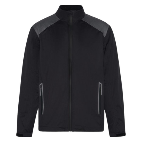 The Sporte Leisure Extreme Tec Storm Chaser Mens Rain Jacket, in black with dark gray shoulder panels and two zippered side pockets, keeps you dry and comfortable on or off the golf course. Shown on a white background.