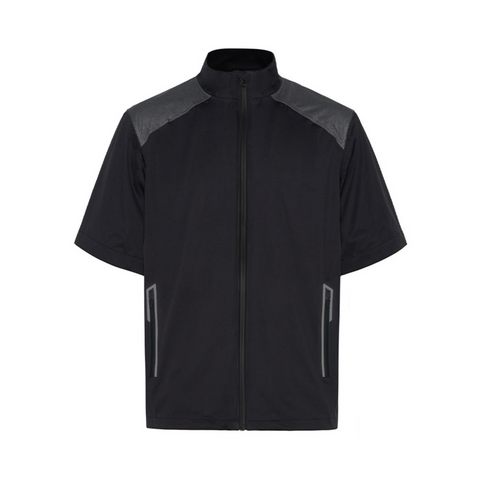 The Sporte Leisure Extreme Tec Storm Chaser Men’s Short Sleeve Jacket is a lightweight black jacket with a front zipper, gray shoulder panels, two side zip pockets, high collar, and modern design—ideal for golf.