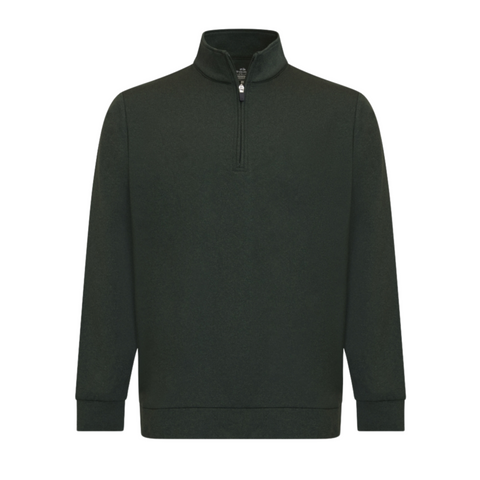 The Sporte Leisure Men’s Valley Long Sleeve Pullover is a plain, dark green golf top with a stand-up collar and quarter-zip, featuring ribbed cuffs and a straight hem, shown on a white background.