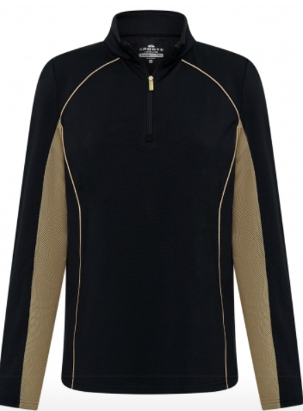 The Sporte Leisure Night Ladies 1/4 Zip Pullover is a black, long-sleeve golf top with gold zipper and herringbone sleeve panels. Featuring moisture-wicking fabric, this stylish pullover delivers on-course or off-course performance.