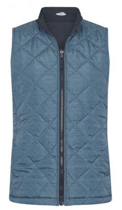 The Sporte Leisure Women's Vest in Denim is a sleeveless, blue quilted golf vest with a front zipper, high collar, and diamond-patterned lightweight insulated fabric from Sporte Leisure.