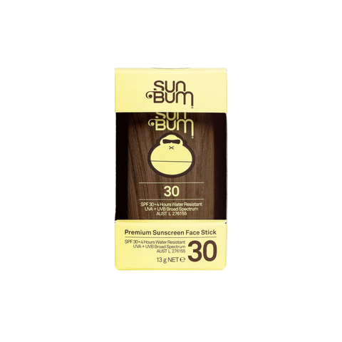 The Sun Bum SPF 30 Face Stick (13g) offers mess-free sun protection in a yellow and brown box with a cartoon monkey face, making it an ideal golf sunscreen for days on the course.