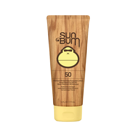 Sun Bum SPF 50+ Lotion Tube (177ml) features broad-spectrum protection in a brown and yellow tube with a monkey logo and wood-grain design. Reef-friendly and perfect for sun protection from the trusted Sun Bum brand.