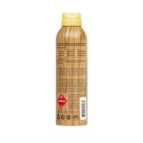 The Sun Bum SPF 50 Spray (177ml) is a tall, cylindrical can with a wood-grain design, yellow cap, and flammable warning on the back. The label features small text and provides broad spectrum sun protection. Brand: Sun Bum.