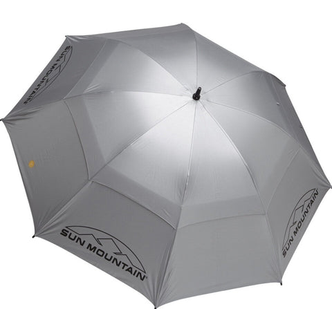 The Sun Mountain 68 UV Umbrella in silver, featuring the Sun Mountain logo printed in black on two panels, is shown open against a white background.
