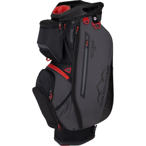 The Sun Mountain C-130 Sync Cart Bag 2024 features black and dark gray colors, red accents, multiple zippered pockets, Sun Mountain branding on the side, a large top opening for clubs, and a stable base.