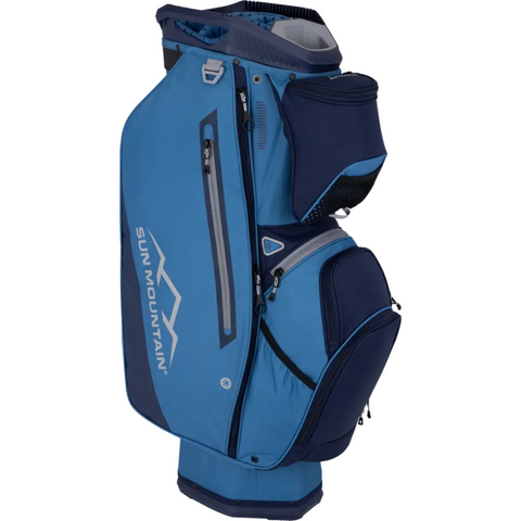 The Sun Mountain C-130 Sync Cart Bag 2024, in blue and navy, features multiple zippered pockets and compartments—perfect for organized golfers seeking an ideal push cart golf bag.