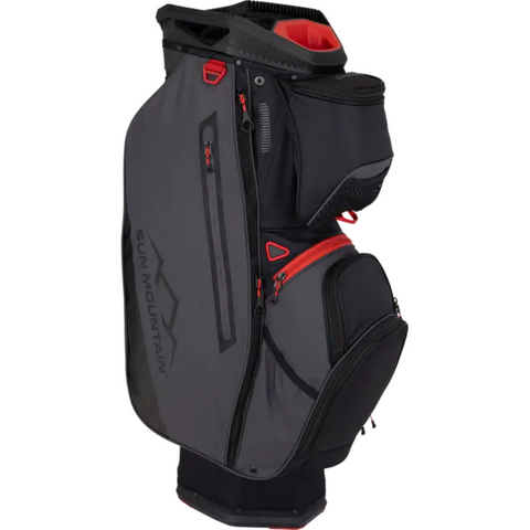 The Sun Mountain C-130 Sync Cart Bag 2024 in black/dark gray with red accents features multiple compartments and the Sun Mountain logo—ideal as a golf cart or push cart bag for carrying all your gear.