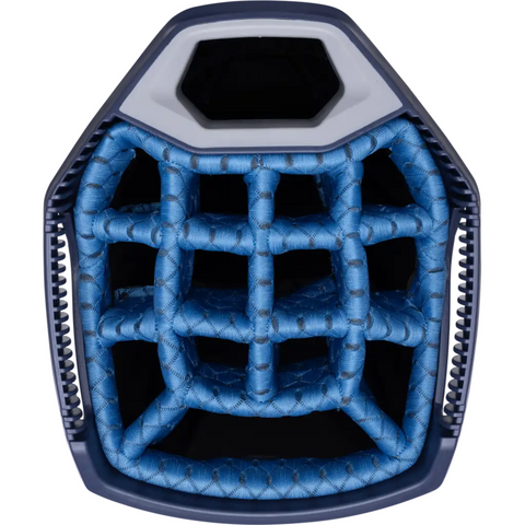 Top-down view of a blue catchers mitt with black and gray trim, featuring a woven web pocket reminiscent of the sleek design on the Sun Mountain C-130 Sync Cart Bag 2024 by Sun Mountain.