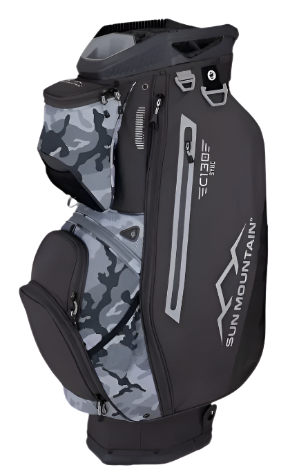 The Sun Mountain C-130 Sync Cart Bag 2024 features a black and grey design, camo side pockets, and multiple zippered compartments—ideal for stylish, organized storage as a golf push cart bag.