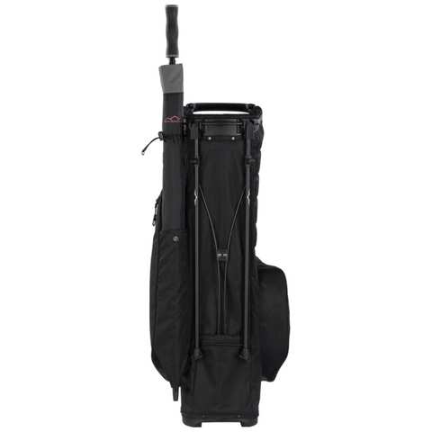 The Sun Mountain E-3.5 Carry Bag 2025 is a black, lightweight golf bag with wheels, a handle, protective cover, and upright design. A golf club peeks from the top, showcasing the quality style of Sun Mountain.