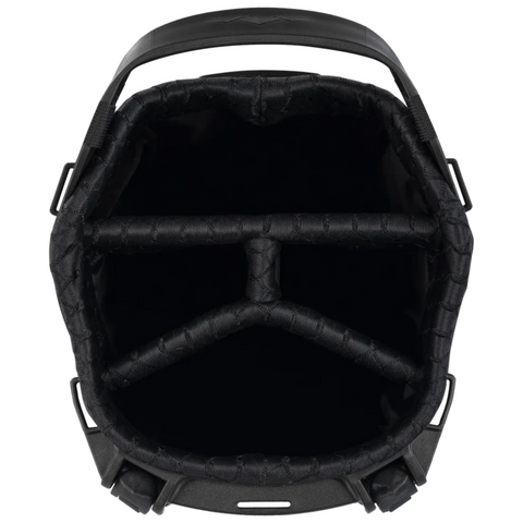Top-down view of an empty Sun Mountain E-3.5 Carry Bag 2025, showing padded internal dividers and club sections. This lightweight golf bag by Sun Mountain has a structured, open design with top handles visible for easy carrying.