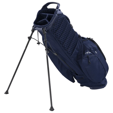 The Sun Mountain E-3.5 Carry Bag 2025 in navy blue offers multiple pockets, a padded strap, and two extended black legs for standing support—ideal for carrying your gear comfortably during a round of golf.
