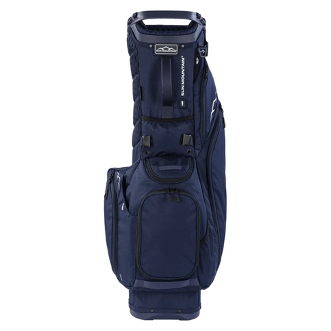 The Sun Mountain E-3.5 Carry Bag 2025 is a lightweight navy bag with multiple zippered pockets, a top handle, and the Sun Mountain logo—ideal for easy carrying on the golf course.