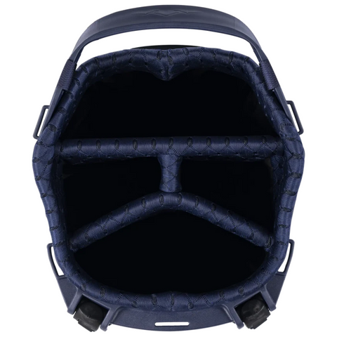 Top view of the Sun Mountain E-3.5 Carry Bag 2025 in navy blue, featuring three main compartments with padded dividers to organize and protect your golf clubs. Lightweight design by Sun Mountain.