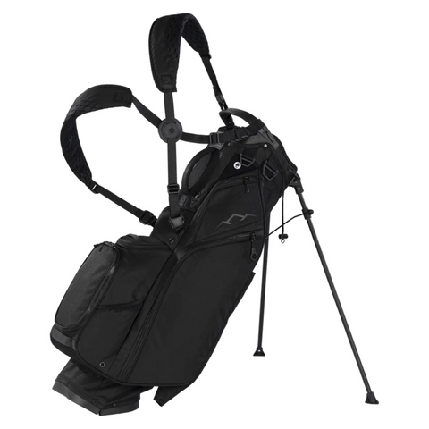 The Sun Mountain E-3.5 Carry Bag 2025 in black features multiple zippered pockets, padded shoulder straps, and two support legs—ideal as a lightweight golf bag for easy carrying, shown angled on a white background.