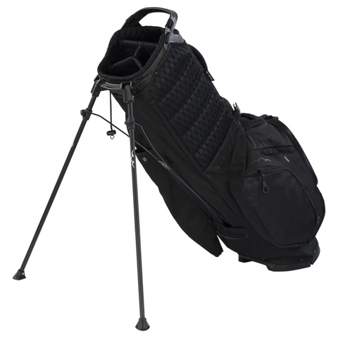 The Sun Mountain E-3.5 Carry Bag 2025 is a lightweight golf bag featuring multiple pockets and compartments, with extendable legs by Sun Mountain that provide stability so the bag stands upright on any surface.