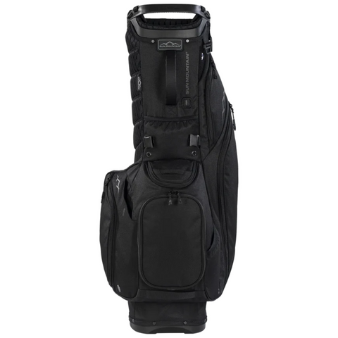 The Sun Mountain E-3.5 Carry Bag 2025 is a lightweight golf bag featuring multiple zippered pockets and a sturdy top handle, shown standing upright against a white background.