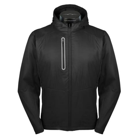 The Sun Mountain Men’s Colter III Jacket in black features a front zipper, left chest zip pocket, and two side pockets. This lightweight insulated jacket has a sleek finish and is shown on a mannequin against a white background.