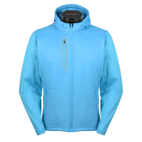 The Sun Mountain Men’s Colter III Jacket in Niagara Blue features a front zipper, zippered chest pocket, and two side pockets for lightweight warmth. Shown on a black mannequin torso with a white background.