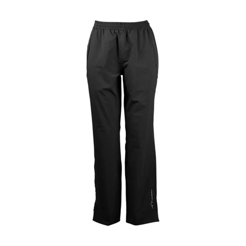 The Sun Mountain Men’s Monsoon Pant is a pair of black, straight-leg rain pants with an elastic waistband and side pockets, shown against a white background.