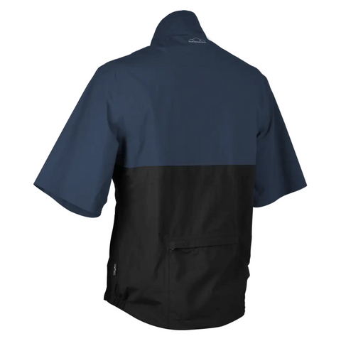 The Sun Mountain Mens Monsoon Short Sleeve Pullover is a waterproof golf jacket with a high collar, navy upper and black lower half, viewed from the back, and features a zippered pocket on the lower back for convenience.