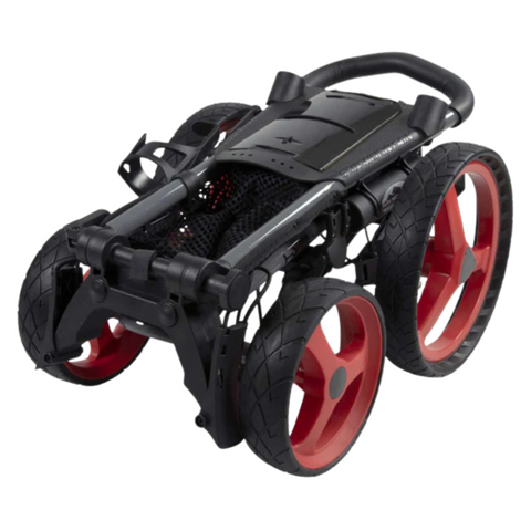 The Sun Mountain PX4 Trundler by Sun Mountain is a lightweight, foldable black and red golf push cart with large tires and a sturdy frame, designed for easy storage, transport, and convenient use on the course.