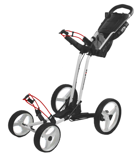 Side view, Sun Mountain PX4 Trundler in white, fully extended and ready to push