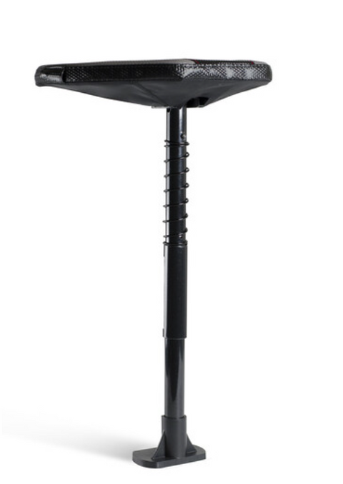 The Sun Mountain Pathfinder Trundler Seat by Sun Mountain is a black, height-adjustable standing stool with a contoured seat, telescoping central support, and flat base, designed for ergonomic support while standing or leaning.