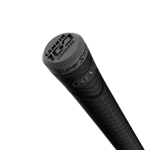 Close-up of a black SuperStroke REVL Player Club Grip, showing its textured pattern and brand name on the end cap, designed for a comfortable, secure hold and dependable performance in any weather.