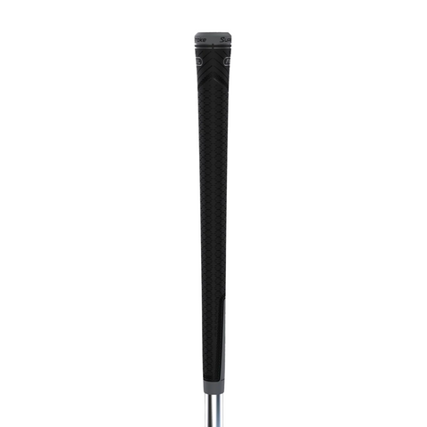 A close-up of the Superstroke REVL Player Club Grip in black, showcasing its all-weather golf handle against a white background.