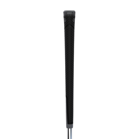 A close-up of the REVL Player Club Grip by Superstroke shows its black, textured, all-weather design displayed vertically on a white background, with subtle gray branding at the top.