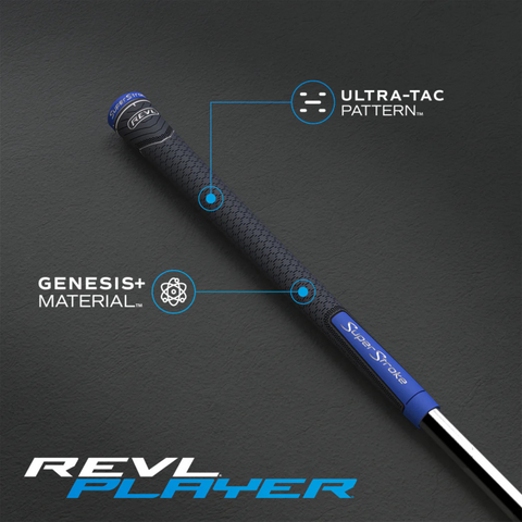 A close-up of the Superstroke REVL Player Club Grip | Black highlights its all-weather design, featuring ULTRA-TAC PATTERN and GENESIS+ MATERIAL labels on a dark background.